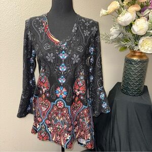 WinWin Black Paisley Boho Tunic V-Neck Bell Sleeve Festival Top S-M